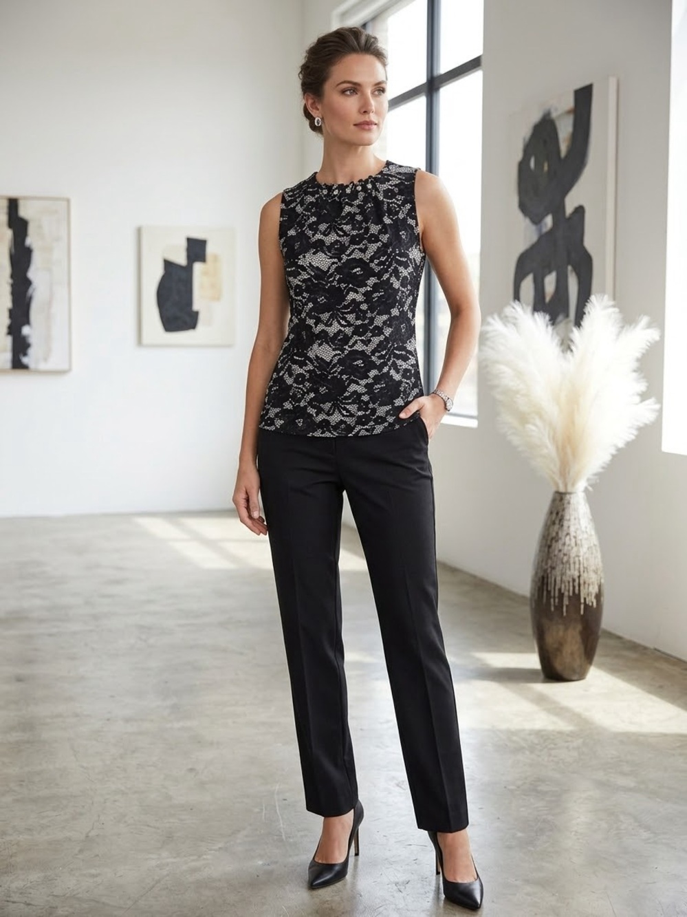 Sleeveless Black Lace-Overlay Top and Black Straight Pants Set